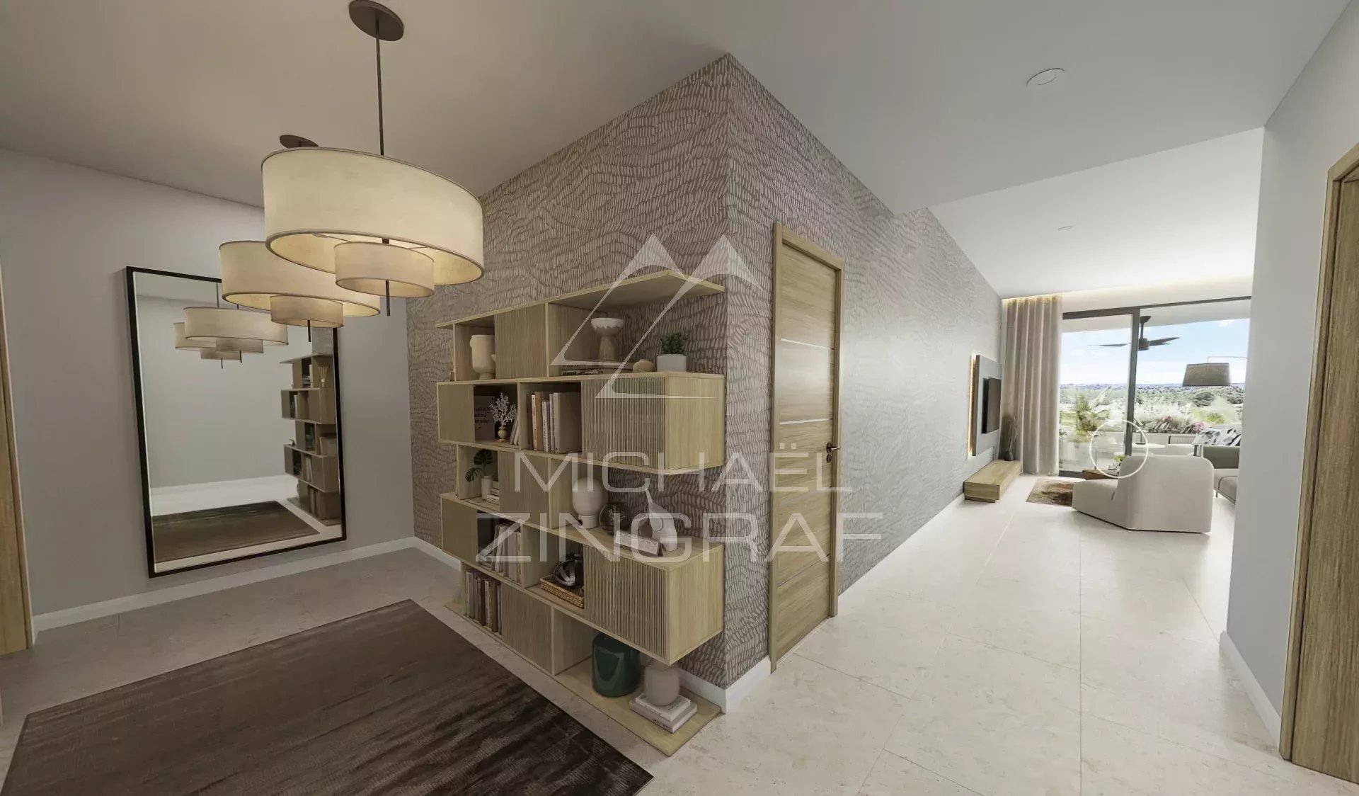 Appartement moderne à Balaclava Intérieur d'un appartement moderne avec un couloir, des étagères et un salon lumineux.