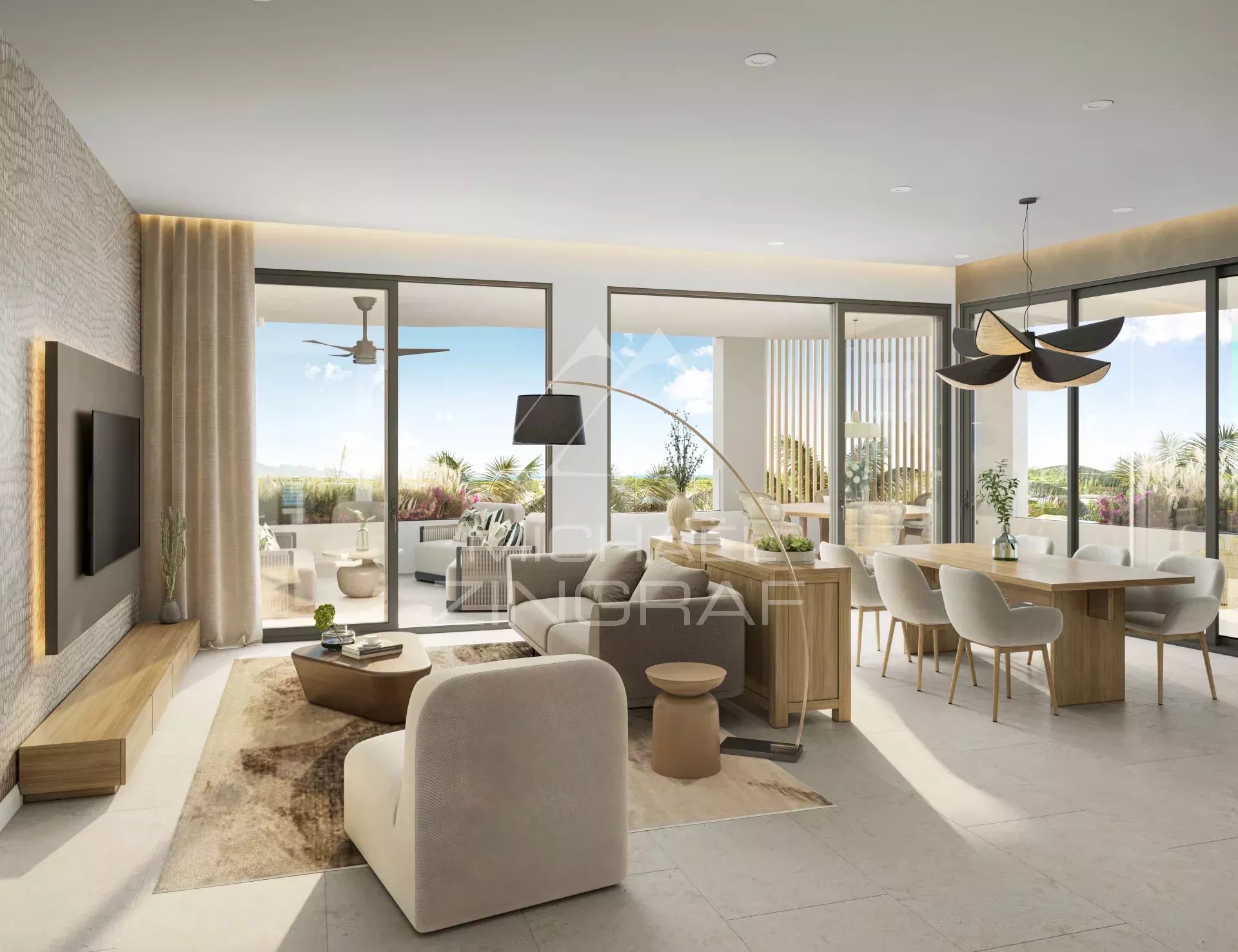 Appartement moderne à Balaclava Intérieur d'un appartement moderne avec salon, salle à manger et vue sur un jardin tropical.