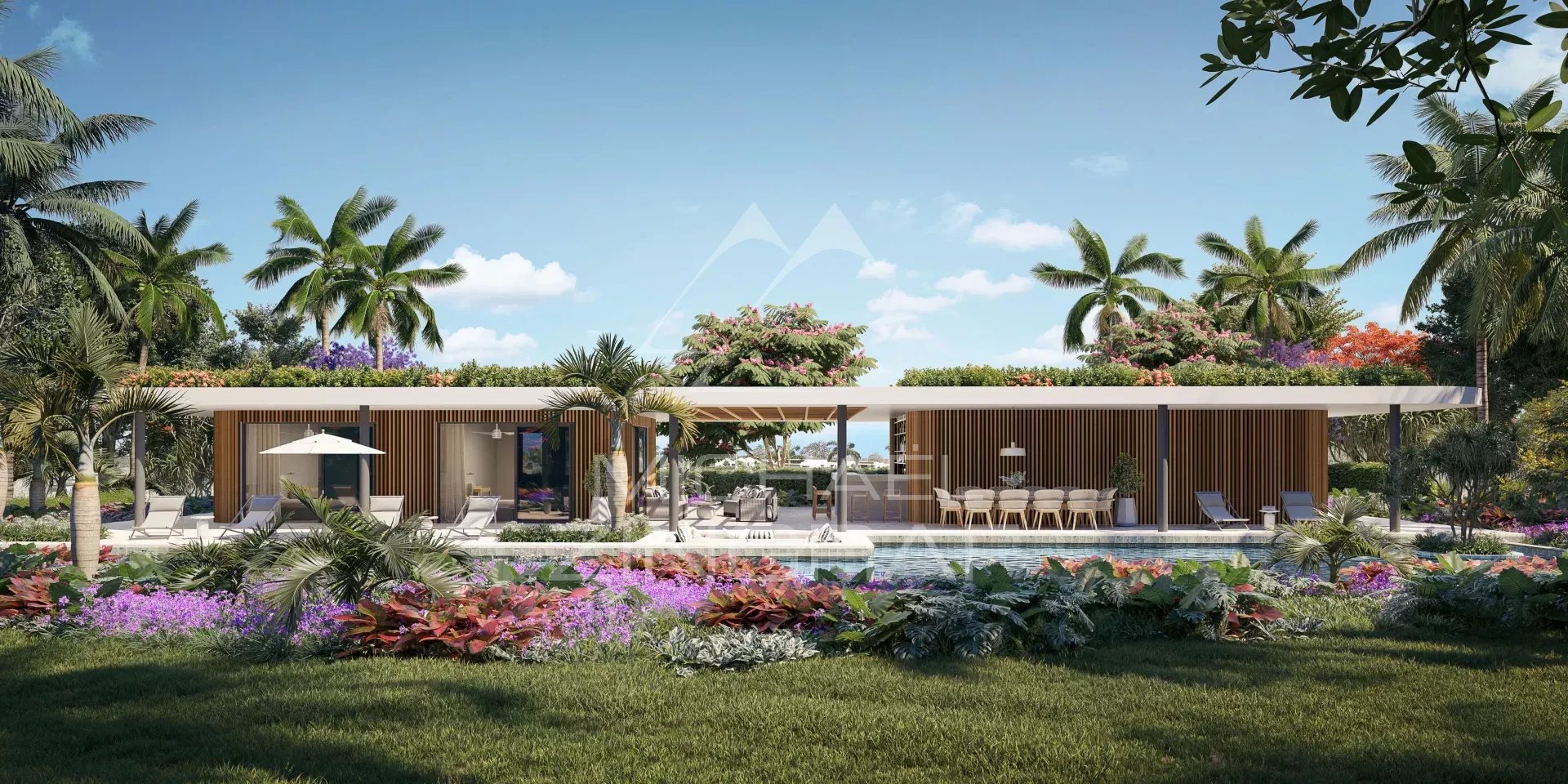 Appartement moderne à Balaclava Vue d'un appartement moderne avec jardin tropical à Balaclava, entouré de palmiers et de fleurs.