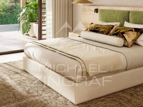 Chambre moderne avec lit, décoration intérieure raffinée et vue sur la nature.