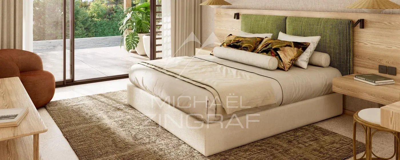 Chambre de la Villa Vacoas à Bel Ombre Chambre moderne avec lit, décoration intérieure raffinée et vue sur la nature.