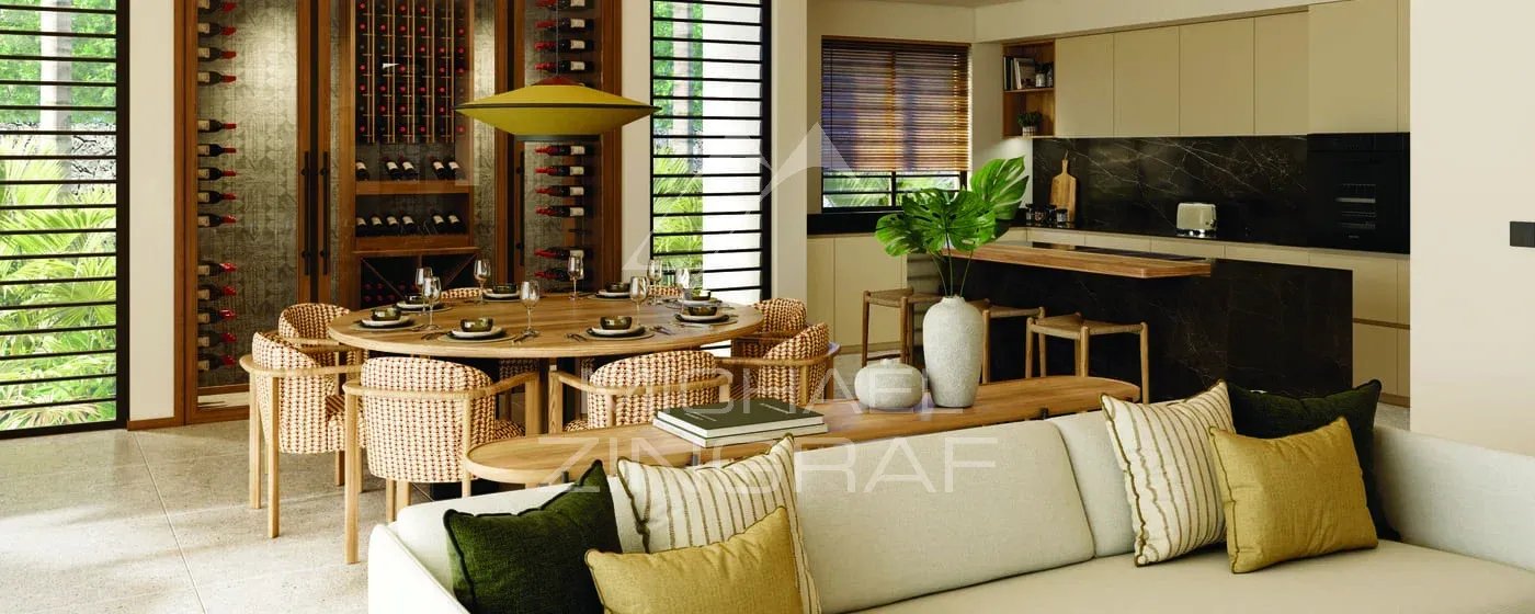 Intérieur de la Villa Vacoas Intérieur moderne de la Villa Vacoas avec salle à manger et cuisine ouverte.