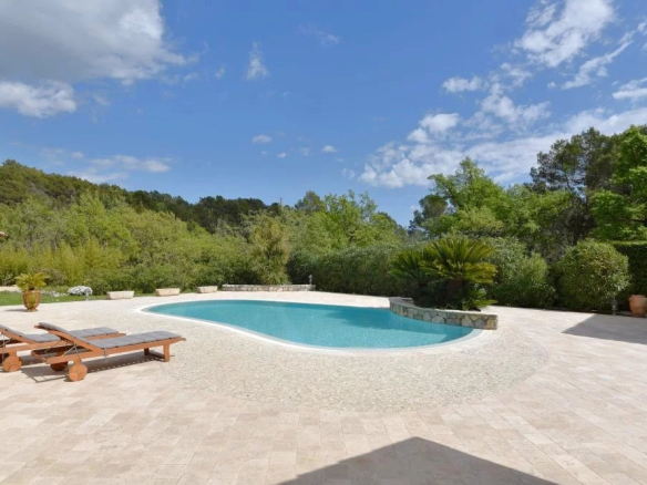 Outdoor pool area with a kidney-shaped pool, two wooden lounge chairs, and a tiled patio surrounded by trees under a blue sky.
