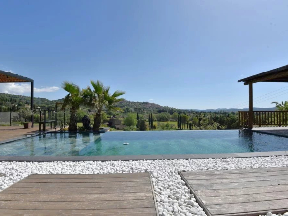 Outdoor swimming pool with a wooden deck, palm trees, and a scenic hillside valley under a clear blue sky.