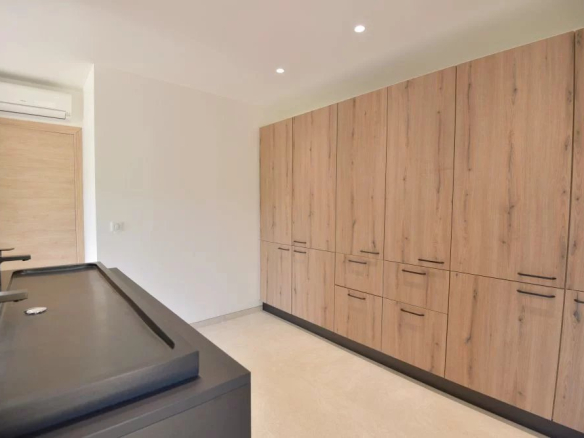 Modern kitchen with tall wooden cabinets along one wall and a dark countertop island with a sink on the left edge.
