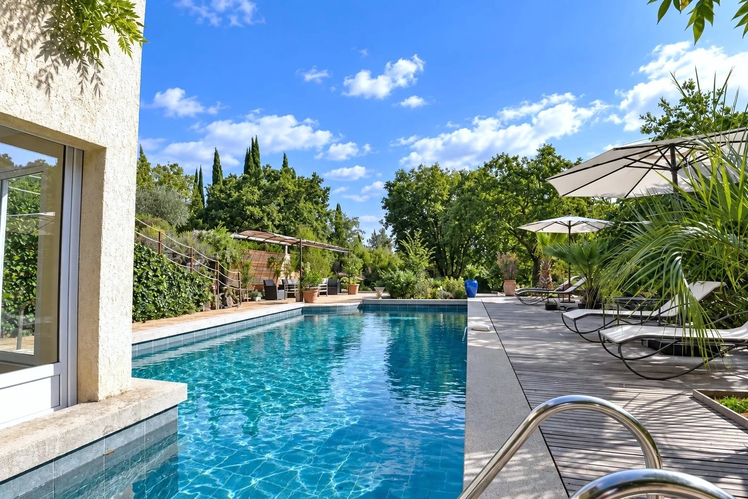 Piscine d'une villa avec terrasses et jardin arboré à Tourrettes.