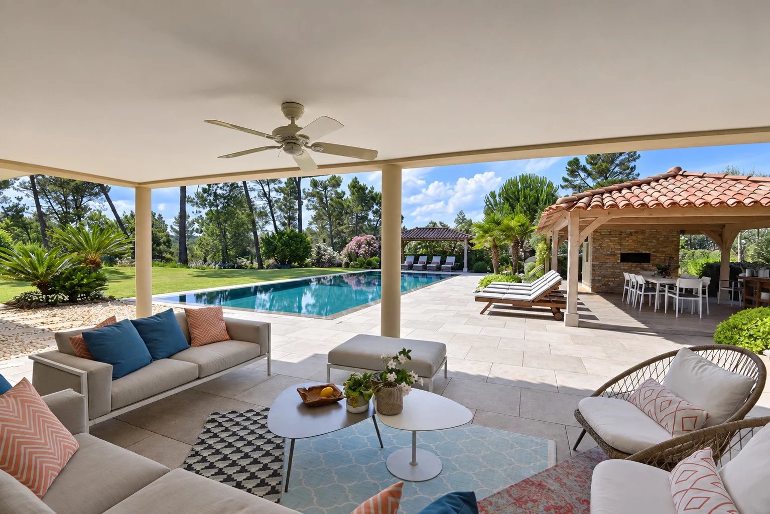 Luxury villa with swimming pool in Tourrettes Terrace of a luxury villa with swimming pool, outdoor lounge and landscaped garden in Tourrettes.