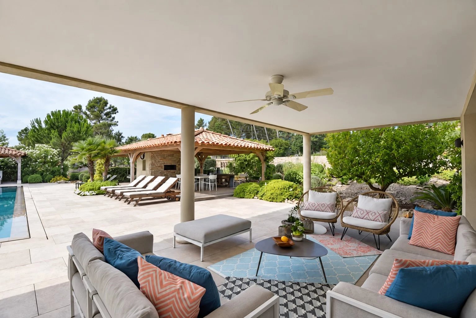 Luxury villa in Tourrettes Terrace of a luxury villa with outdoor lounge, swimming pool and pool house in Tourrettes.