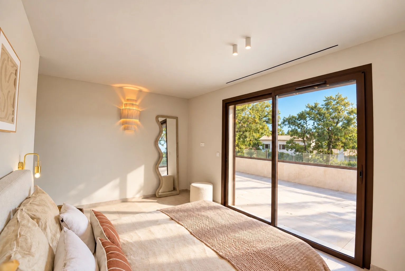 Chambre de villa contemporaine à Tourrettes Chambre d'une villa moderne avec accès à une terrasse ensoleillée.