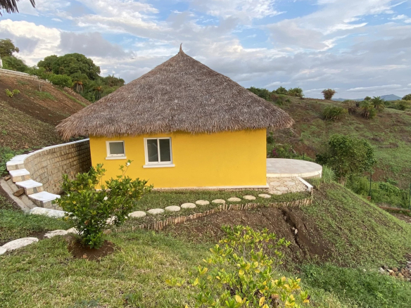 Villa jaune avec toit en chaume sur terrain verdoyant à Nosy Be, Madagascar.