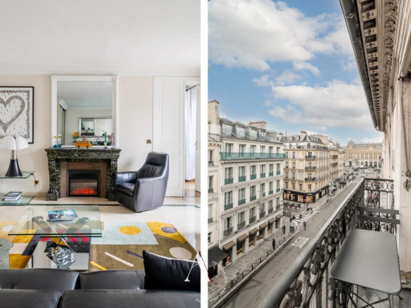 Split image: stylish living room with marble fireplace and colorful rug on the left; Parisian street balcony scene on the right.