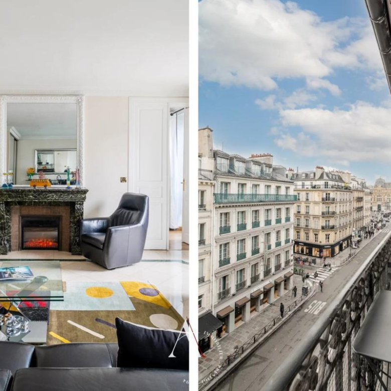 Split image: stylish living room with marble fireplace and colorful rug on the left; Parisian street balcony scene on the right.