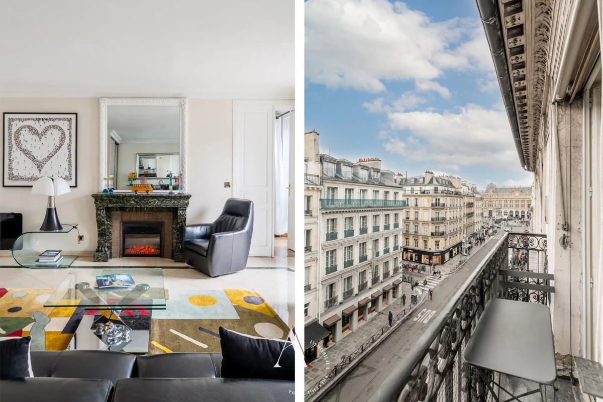 Split image: stylish living room with marble fireplace and colorful rug on the left; Parisian street balcony scene on the right.