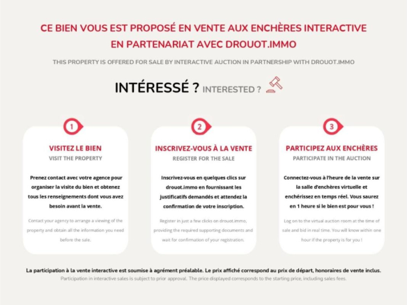 Three-step infographic in French and English showing how to participate in an interactive property auction: visit, register, bid/participate.