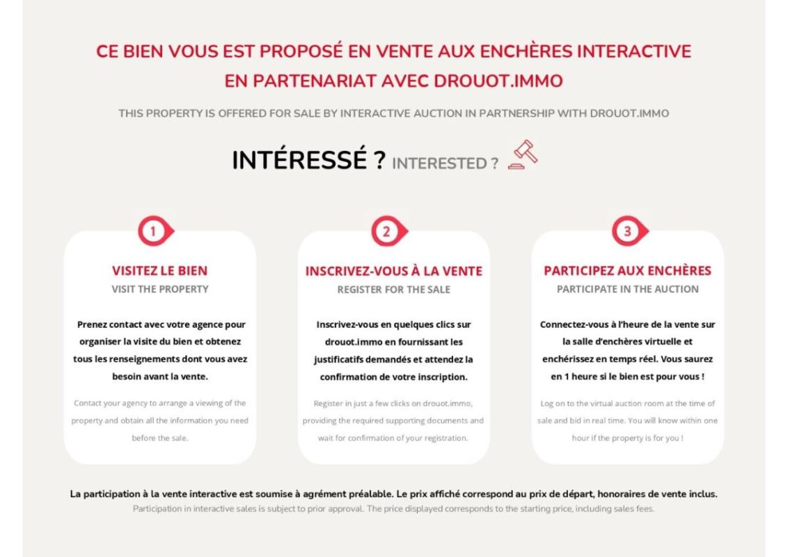 Three-step infographic in French and English showing how to participate in an interactive property auction: visit, register, bid/participate.