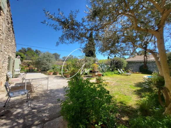 Sunny garden patio beside a stone house with white chairs and a table, lush plants and a green lawn under a clear blue sky.