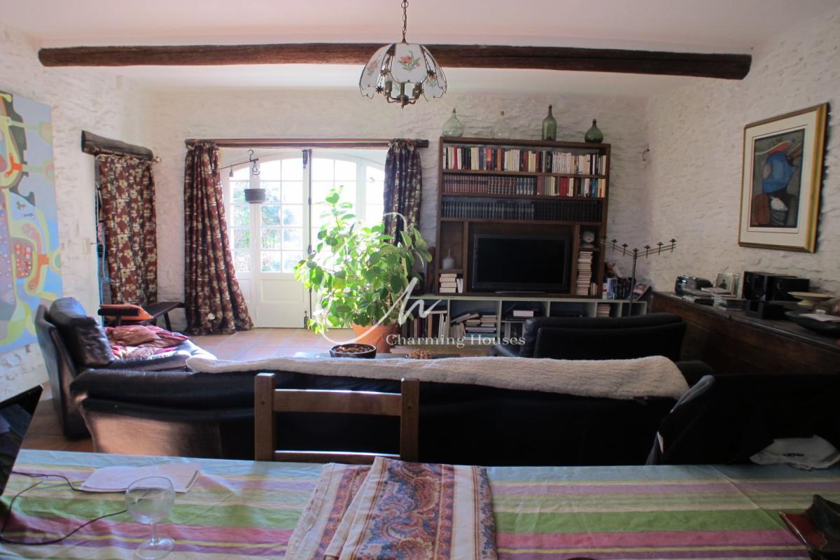 Cozy living room with white brick walls, a large potted plant by glass doors, and a TV surrounded by a bookshelf. A colorful striped tablecloth is in the foreground.