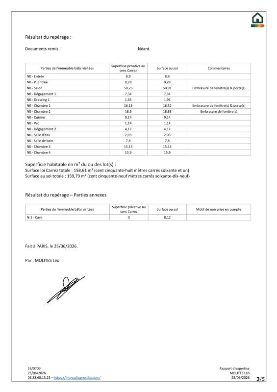 Document de rapport sur un appartement de 160 m² à Paris 5ème, avec détails de surface et caractéristiques.