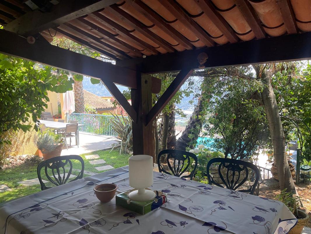 Terrasse ombragée avec table et chaises, vue sur la piscine et le jardin à Gattières.