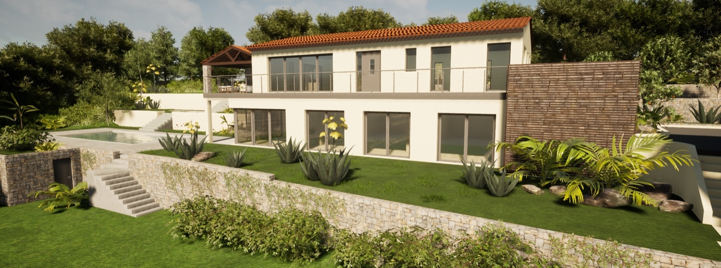 Vue extérieure d'une villa à Roquefort-les-Pins avec jardin et piscine, à aménager.