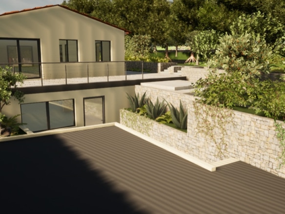 Vue extérieure d'une villa à Roquefort-les-Pins, terrain arboré et espace à aménager.