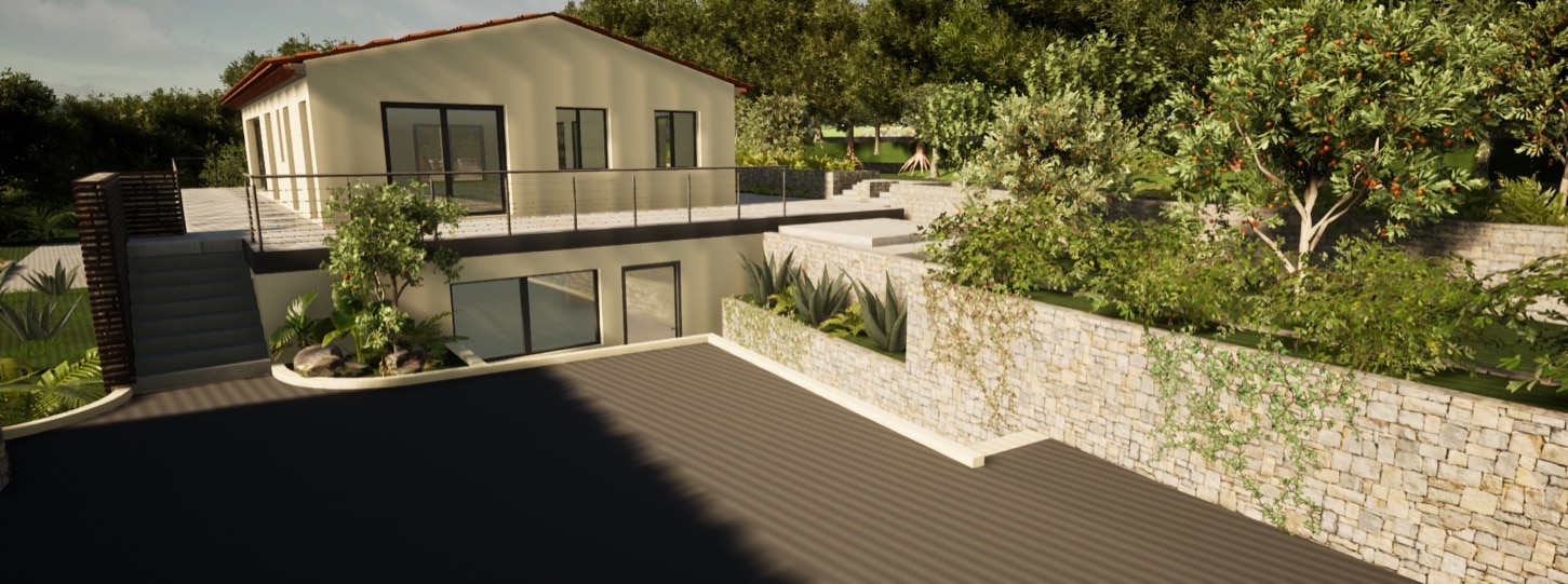 Vue extérieure d'une villa à Roquefort-les-Pins, terrain arboré et espace à aménager.