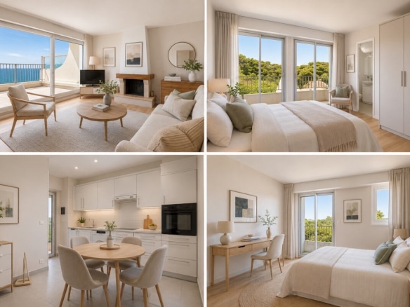 Appartement lumineux de 101 m² à La Baule-Escoublac avec vue mer, salon, chambre et cuisine.