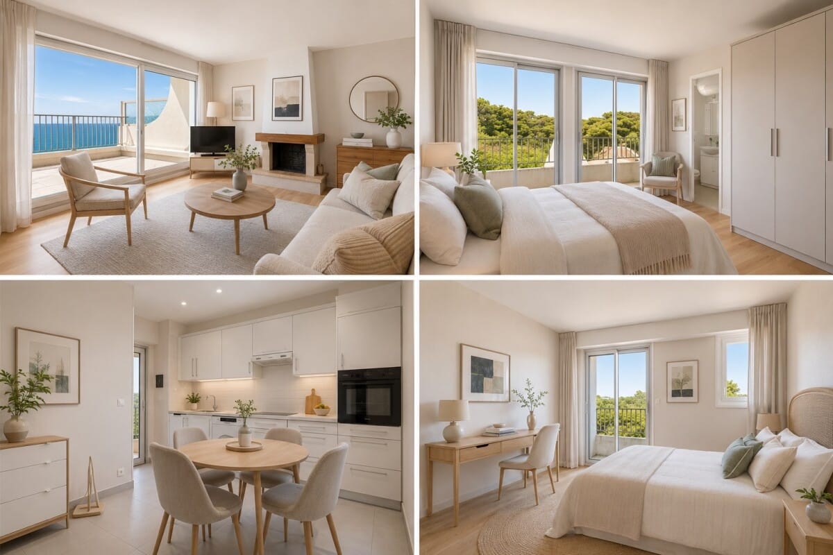 Appartement lumineux de 101 m² à La Baule-Escoublac avec vue mer, salon, chambre et cuisine.