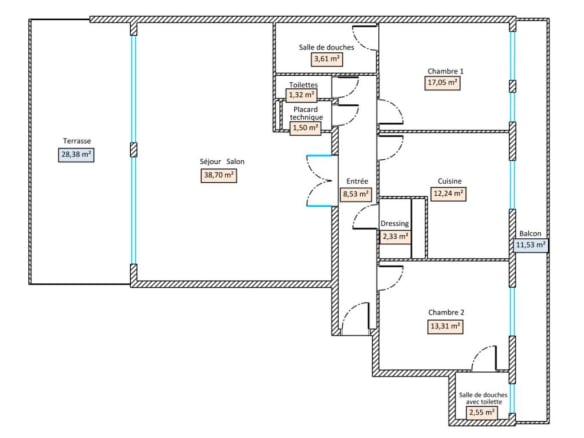 Plan d'un appartement de 101 m² à La Baule-Escoublac avec terrasse et disposition des pièces.