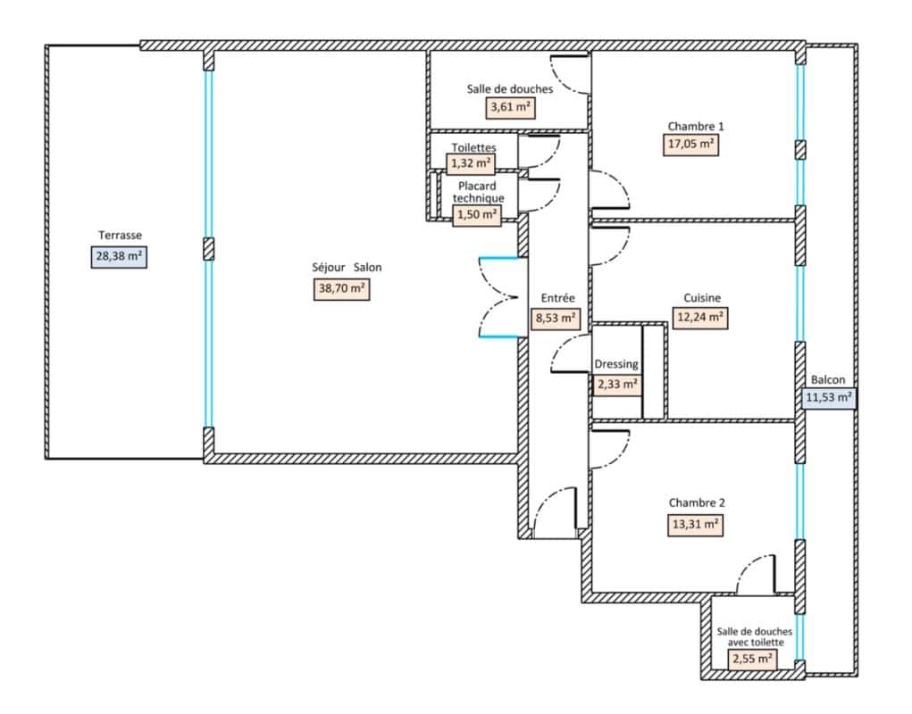 Plan d'un appartement de 101 m² à La Baule-Escoublac avec terrasse et disposition des pièces.