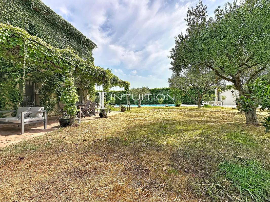 View of a Provençal villa with swimming pool and garden in Mougins, surrounded by trees.