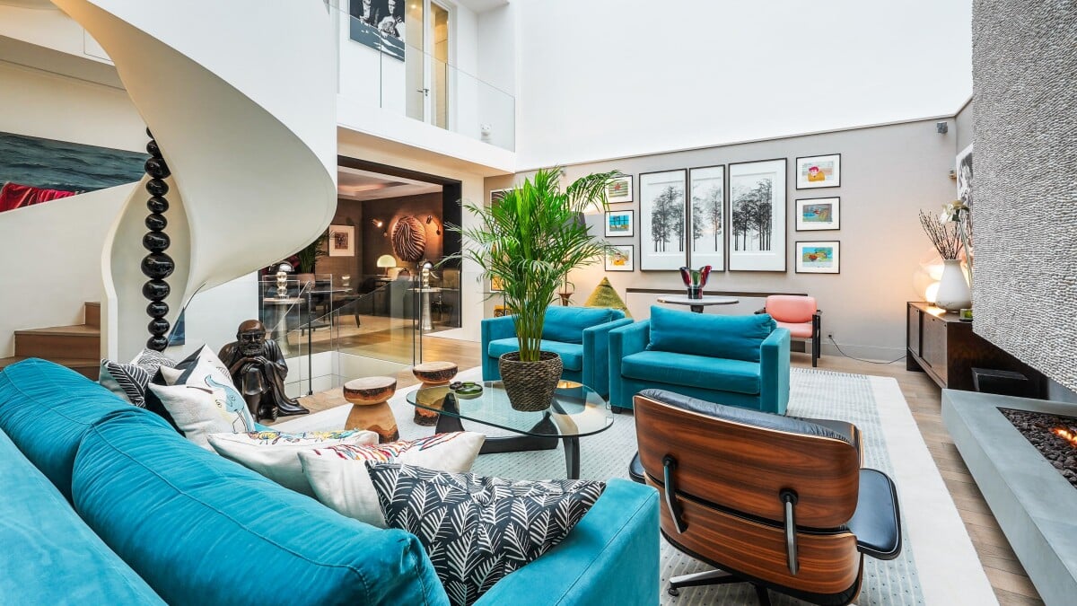 Interior of a private mansion in Paris 7, living room with modern furniture and works of art.