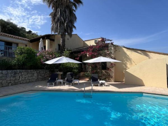House with swimming pool and palm tree in Gattières, panoramic view of the surrounding landscape.