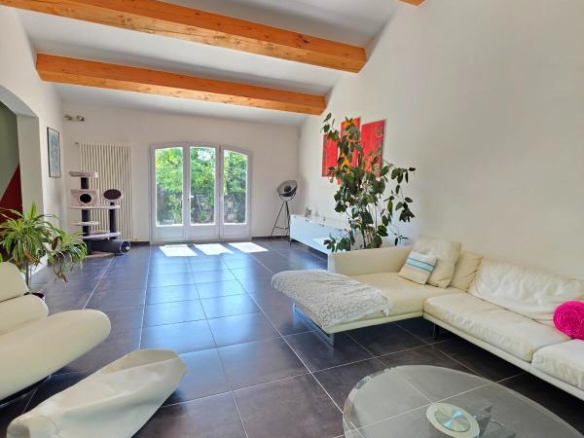 Interior of a modern house with a spacious living room, exposed beams and access to the garden.