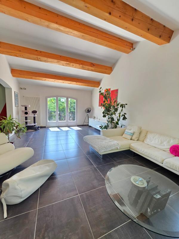 Spacious living room of a house in Paradou Interior of a modern house with a spacious living room, exposed beams and access to the garden.