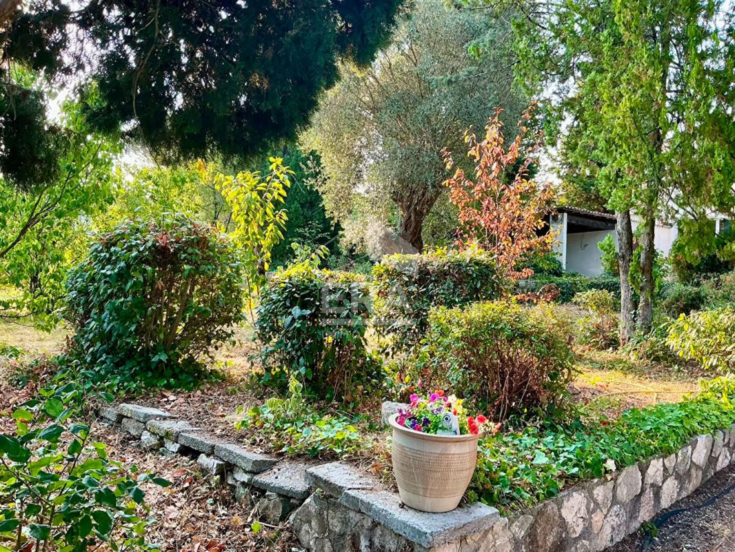 Garden of a House in La Gaude Green garden of a house in La Gaude with potted flowers and trees.