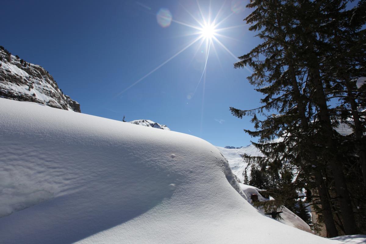 Paysage hivernal à Avoriaz Paysage enneigé avec des montagnes et un ciel bleu à Avoriaz, soleil brillant.