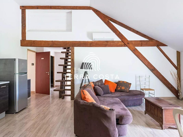 Intérieur d'un espace de vie moderne avec un canapé, une cuisine et des poutres apparentes.