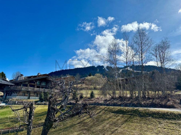 Vue d'un chalet à Megève avec des arbres et des montagnes en arrière-plan sous un ciel bleu.