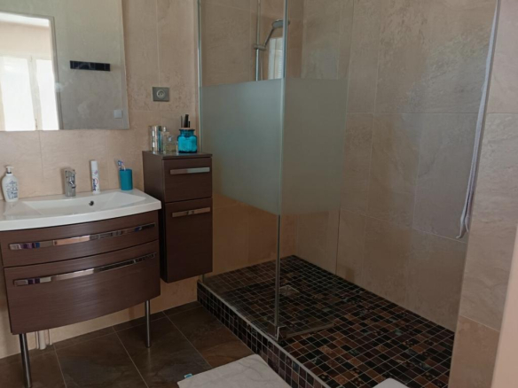 Salle de bain moderne avec douche à l'italienne et meuble sous vasque en bois.