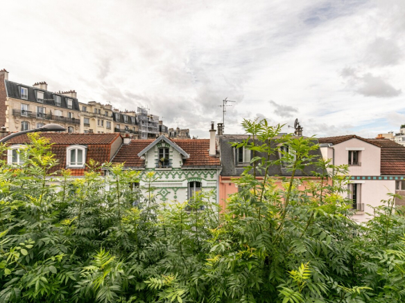 View of traditional houses in Paris, partially hidden by foliage.