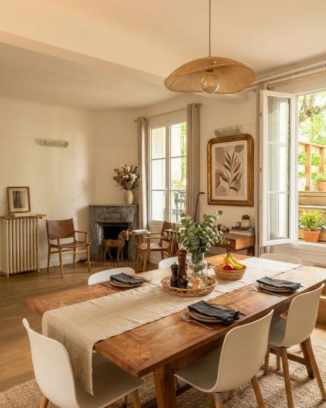 Dining room of a Parisian house Interior of a house in Paris, dining room with wooden table, white chairs and marble fireplace.