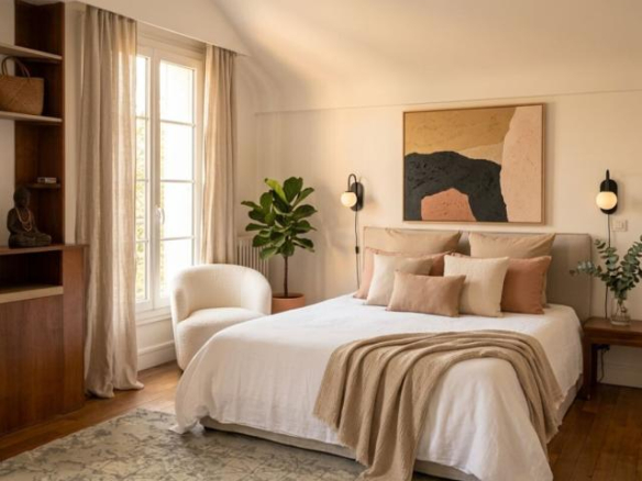 Bright room with double bed, modern decor and plants, detached house in Paris 13th arrondissement.