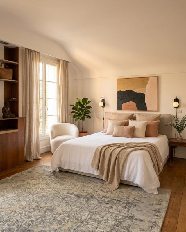 Room in a house in the 13th arrondissement of Paris Bright room with double bed, modern decor and plants, detached house in Paris 13th arrondissement.