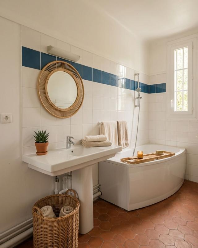 Bathroom in a house in Paris Modern bathroom with bathtub, sink and mirror, decorated with white and blue tiles.