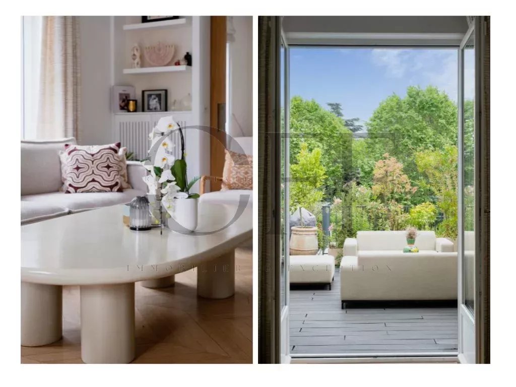 Duplex penthouse in Neuilly-sur-Seine Interior of a duplex penthouse with a bright living room and a view of a landscaped garden.