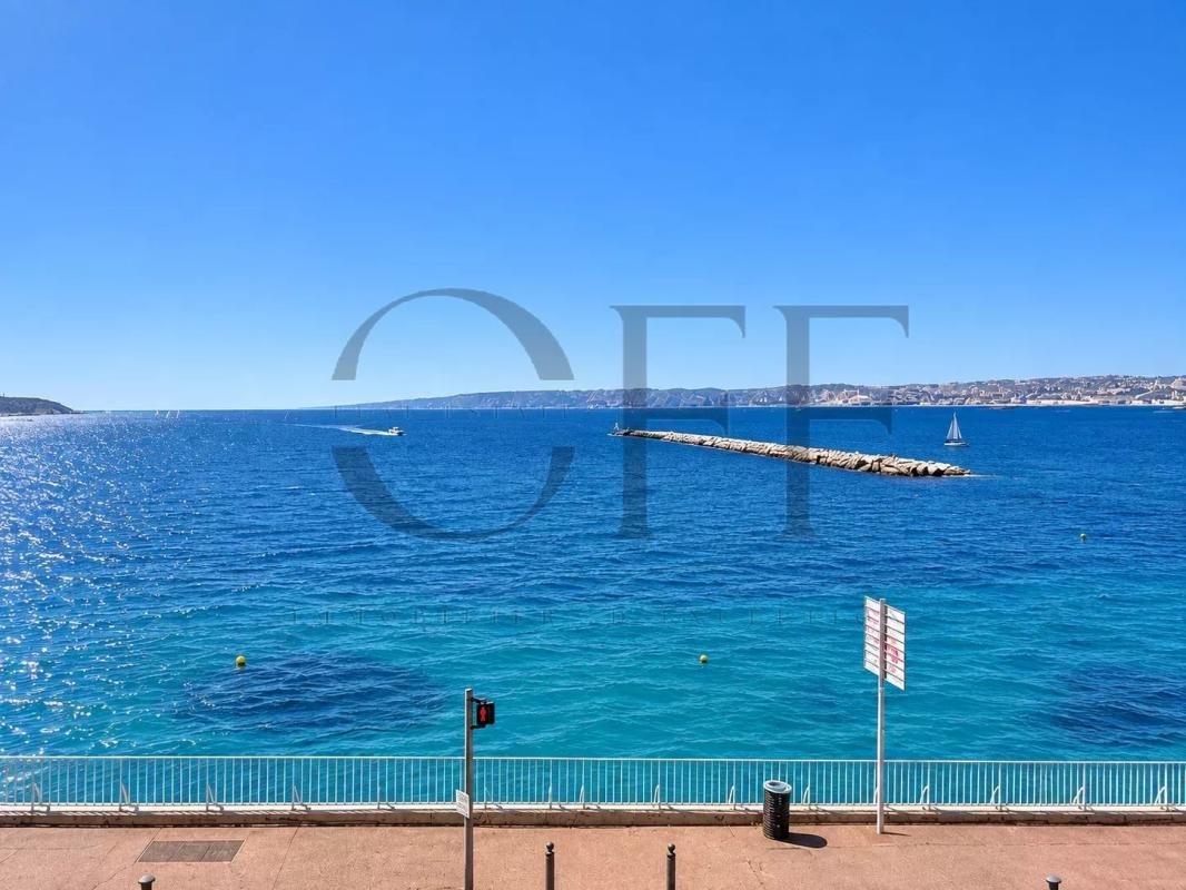 View of the Mediterranean in Marseille View of the Mediterranean from the Corniche Kennedy in Marseille, with a stone quay.