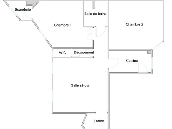 Floor plan of a 75m² apartment with two bedrooms, a bathroom, a kitchen and a living room.