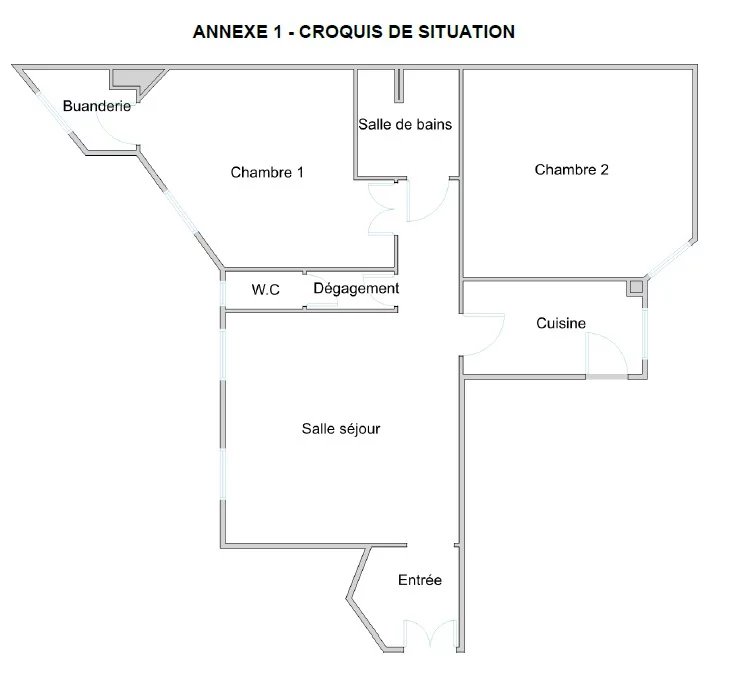 Floor plan of a 75m² apartment with two bedrooms, a bathroom, a kitchen and a living room.