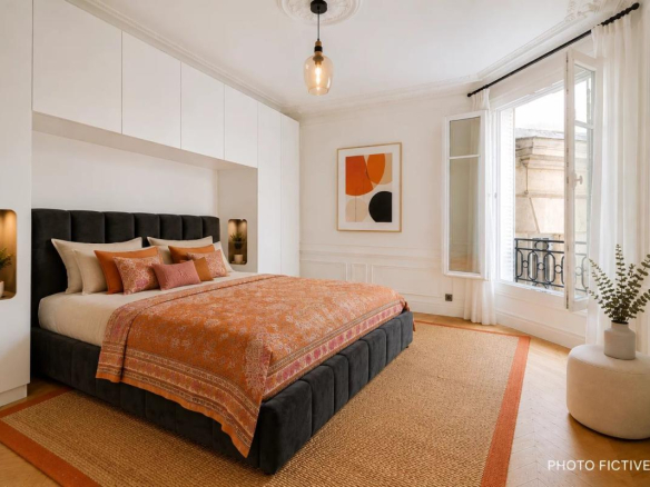 Bedroom in a modern apartment with a king-size bed and elegant decor in Paris.